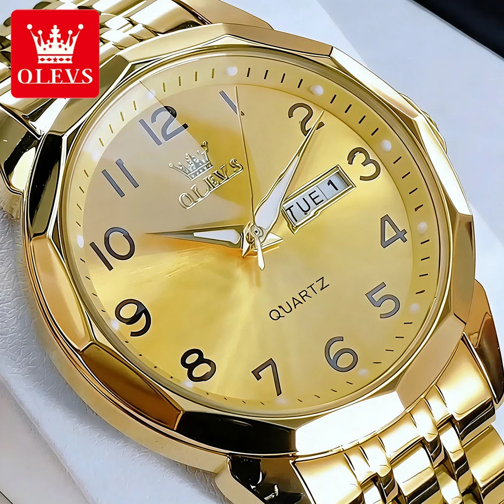 OLEVS Men's Watches Luxury Fashion Fine Steel Strap Top Brand Original Quartz Wristwatch for Man Rhombus Mirror Waterproof Date