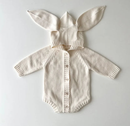 Bunny Ear Hooded Knit Baby Romper