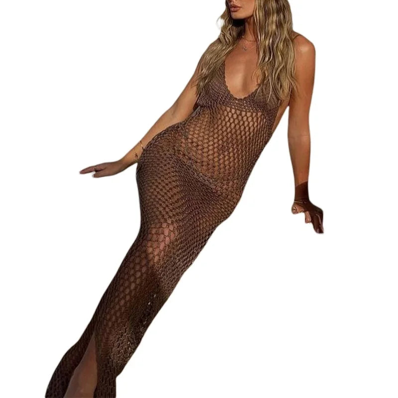 Lamuusaa Sexy Beach Dress Women Bikini Cover Ups Solid Color V Neck Crochet Cutout Sleeveless Backless Long Dress Party Dresses