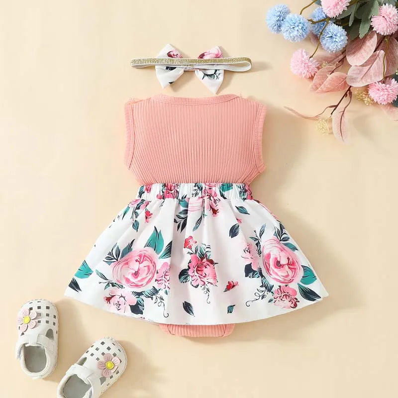 0-18 Months Infant Girl Summer Clothes Set Sleeveless Romper Dress + Headband Sweet Casual Baby Outfit