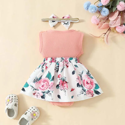 0-18 Months Infant Girl Summer Clothes Set Sleeveless Romper Dress + Headband Sweet Casual Baby Outfit