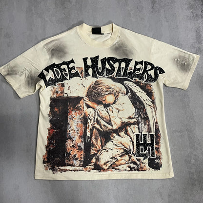 New fashion brand LIFE HUSTLERS Y2K hot stamping hole Men Women T-shirt Streetwear 100% Cotton Loose Round Neck Top Tees