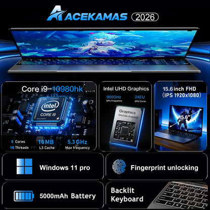 2026 15.6" Gaming Laptop Computer Intel Core i9 10980HK Windows 11 Pro PC Gamer 16GB RAM 1/2TB SSD Notebook PC Portable Laptops