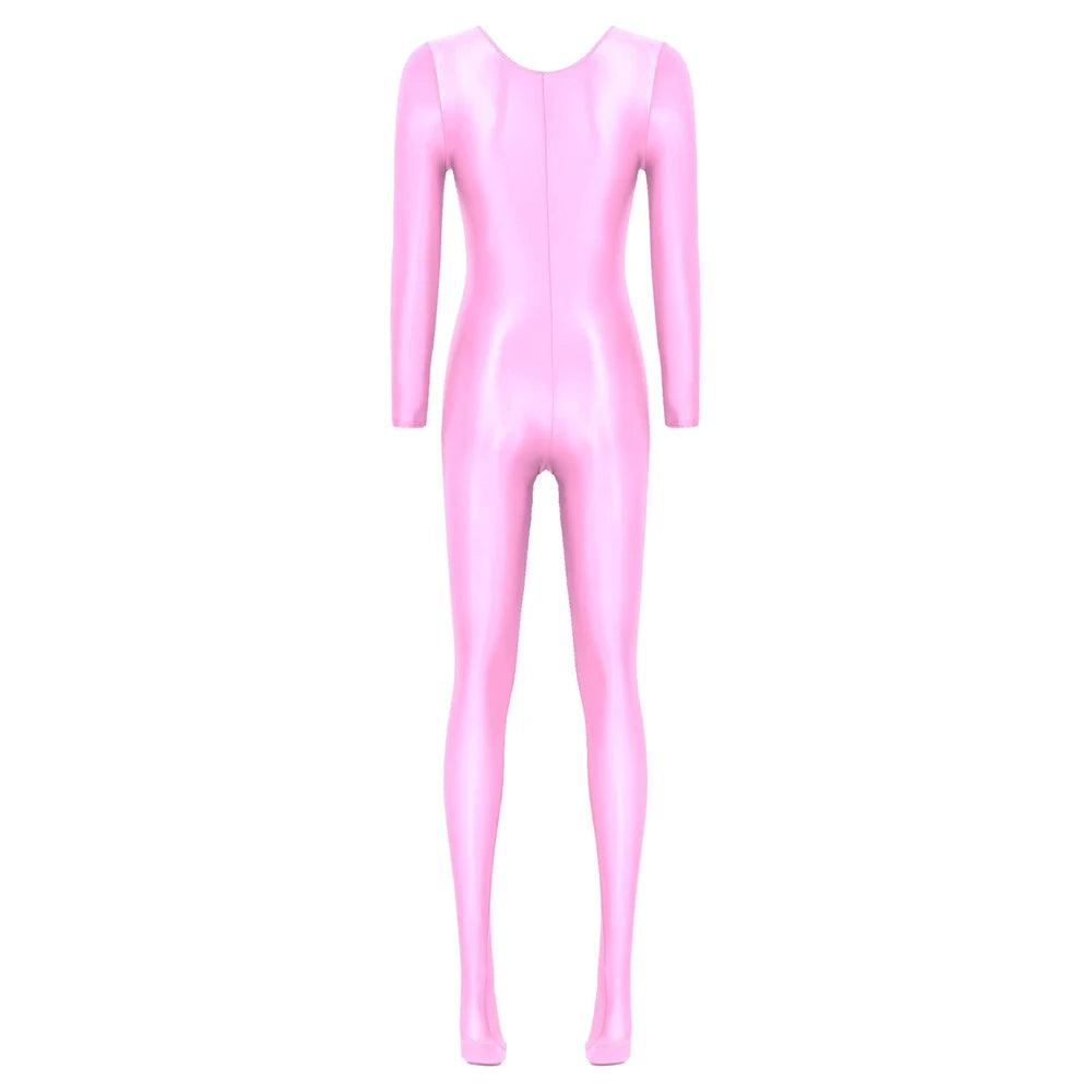 Women Oil Shiny Long Sleeve Pantyhose Jumpsuit Bodystocking Yoga Gymnastics Shapewear One-Piece Swimsuit Catsuit Glossy Bodysuit