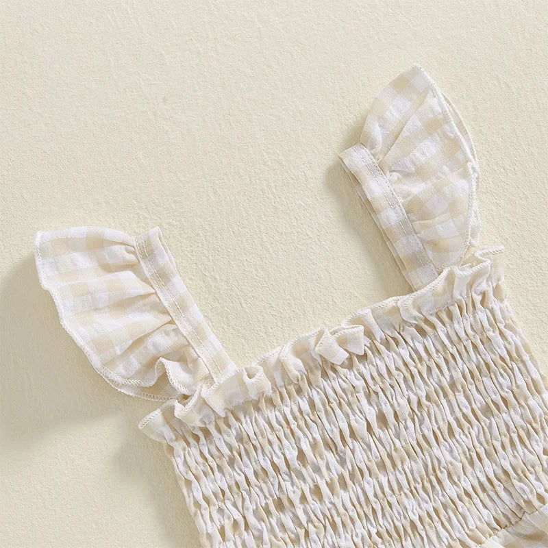 2025 Baby Girl Clothes Girl Cotton Overalls Ruffle Sleeve Strappy Gingham Checkered Romper Casual Loose Pants Outfit 0-4Y