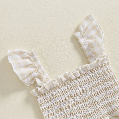 2025 Baby Girl Clothes Girl Cotton Overalls Ruffle Sleeve Strappy Gingham Checkered Romper Casual Loose Pants Outfit 0-4Y