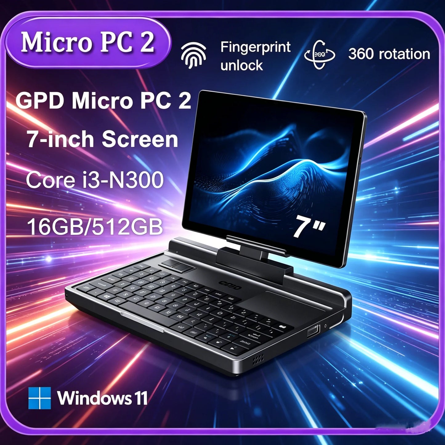 GPD Micro PC 2 Handheld Mini Laptop 7 Inch Touch Screen 16GB RAM 512GB SSD N300 CPU Win11 Palm-sized Portable Mini Notebook