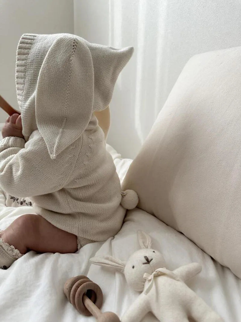 Bunny Ear Hooded Knit Baby Romper