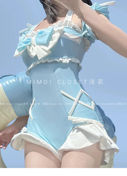Japanese Lolita Girls Bow Cute Water Blue Swimsuit Hot Spring Bathing Swimwear Japanese Style Women One Peice Swimming Suit