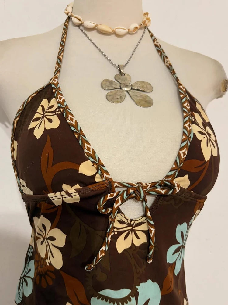 Floral retro pattern beach casual style spice bikini 2026 spring and summer new personality fashion girl sexy two-piece suit