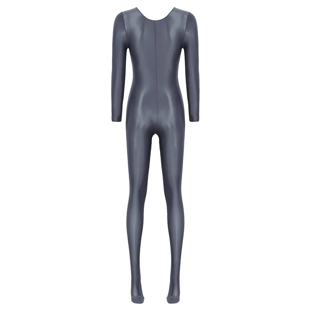 Women Oil Shiny Long Sleeve Pantyhose Jumpsuit Bodystocking Yoga Gymnastics Shapewear One-Piece Swimsuit Catsuit Glossy Bodysuit