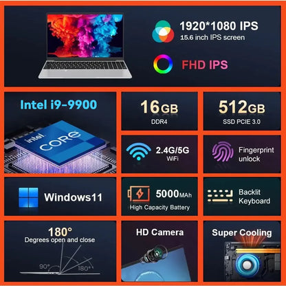 2026 Brand New Intel i9-9900 15.6 Inch Backlit Fingerprint Unlock Laptop Windows 11 Office Study NoteBook Gaming Computer PC