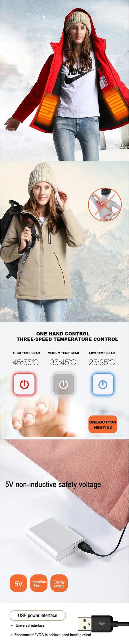 Smart Heated Jacket Waterproof Men 3 Areas Heated Vest For Women Winter Outdoor Sports Coat Warm Heating Coat Motorcycle Jacket