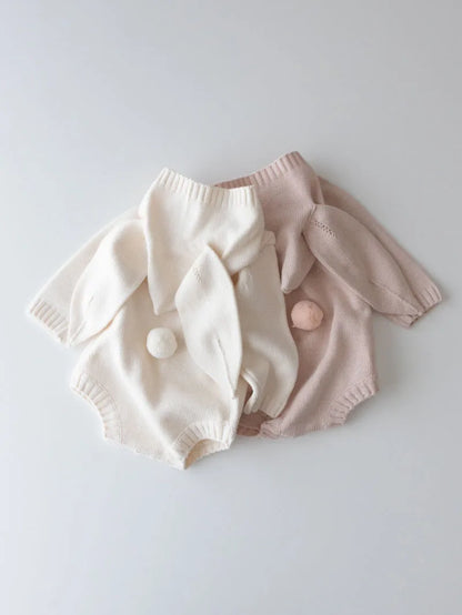Bunny Ear Hooded Knit Baby Romper