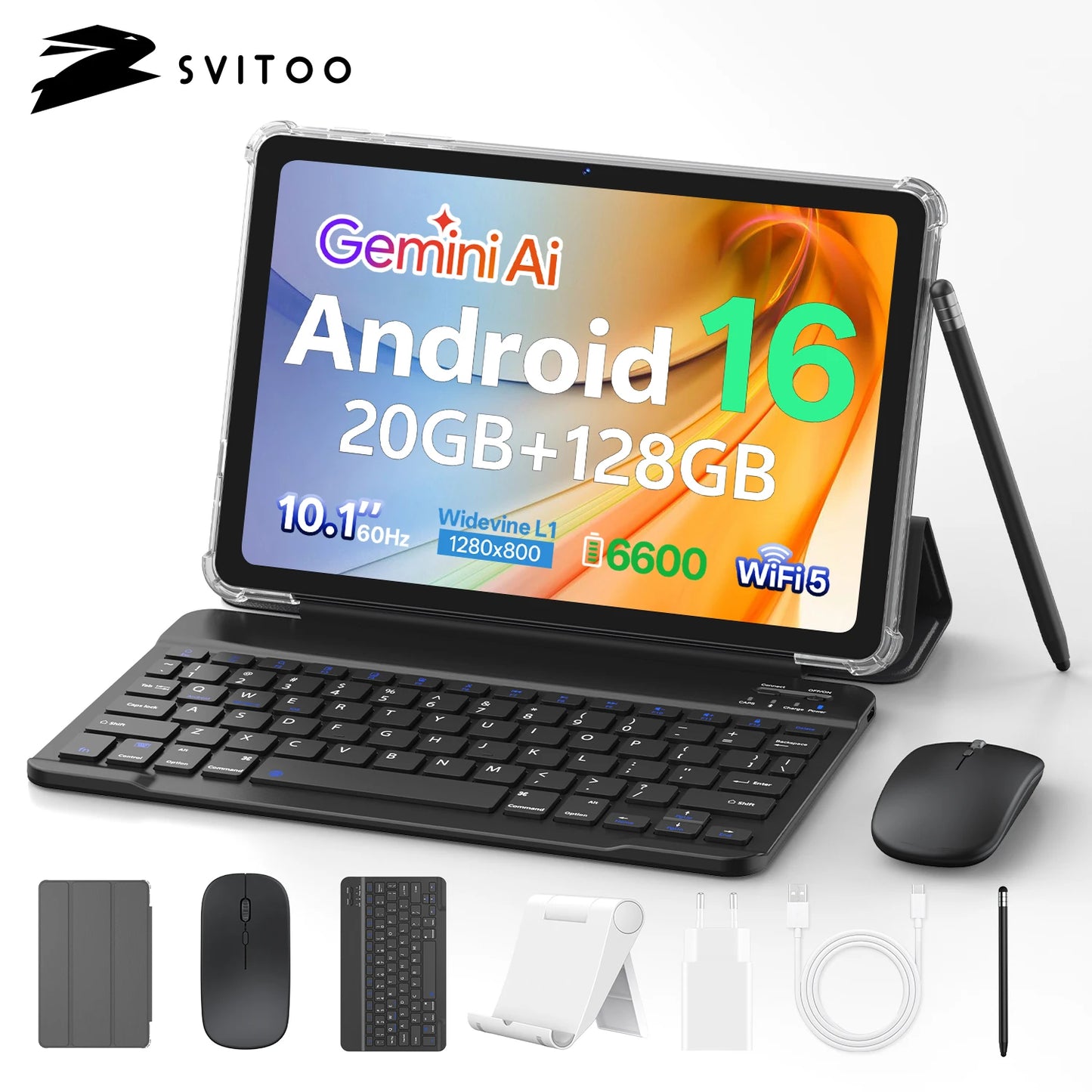 SVITOO Android 16 Tablet 2025 10.1 Inch Unisoc T7250 20GB RAM 128GB ROM 6 Hours Battery WiFi 5 GPS With Keyboard Mouse Case