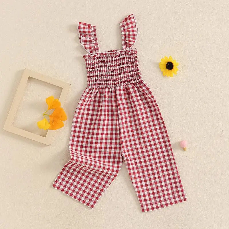2025 Baby Girl Clothes Girl Cotton Overalls Ruffle Sleeve Strappy Gingham Checkered Romper Casual Loose Pants Outfit 0-4Y