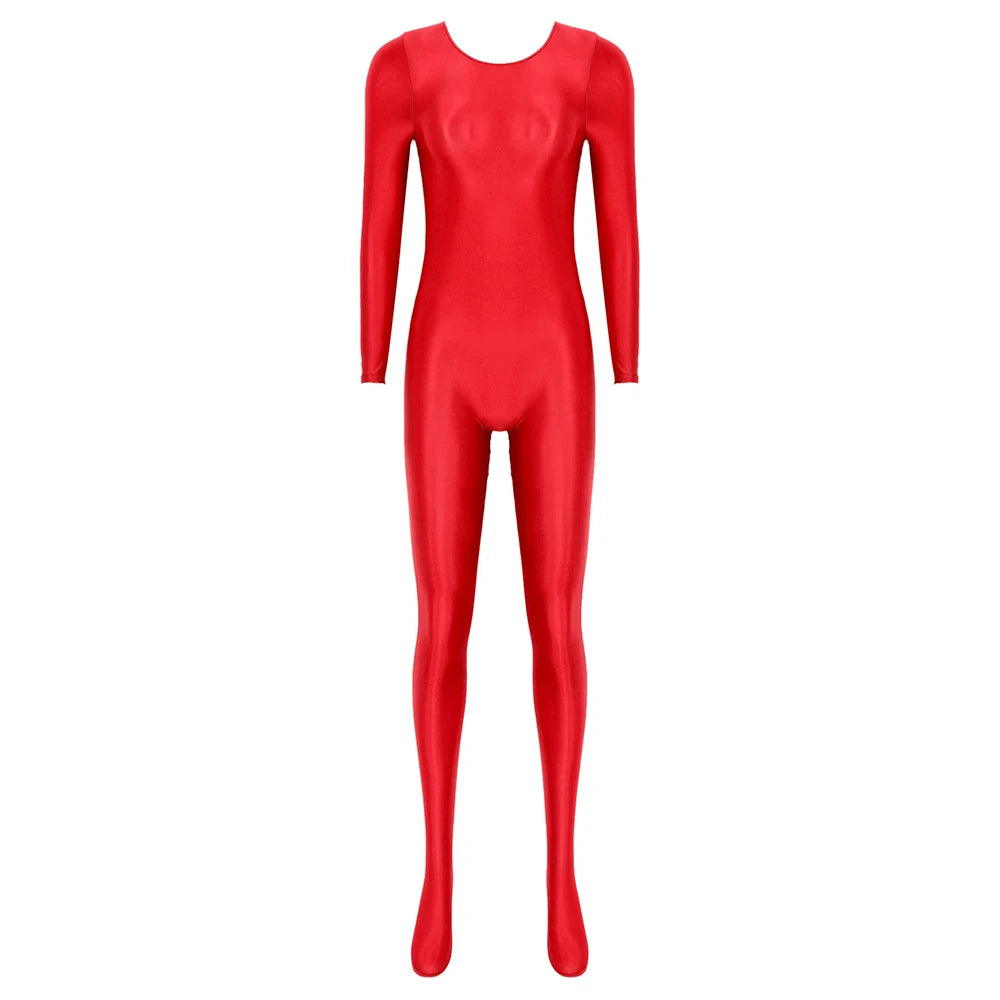 Women Oil Shiny Long Sleeve Pantyhose Jumpsuit Bodystocking Yoga Gymnastics Shapewear One-Piece Swimsuit Catsuit Glossy Bodysuit