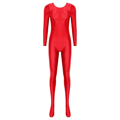 Women Oil Shiny Long Sleeve Pantyhose Jumpsuit Bodystocking Yoga Gymnastics Shapewear One-Piece Swimsuit Catsuit Glossy Bodysuit