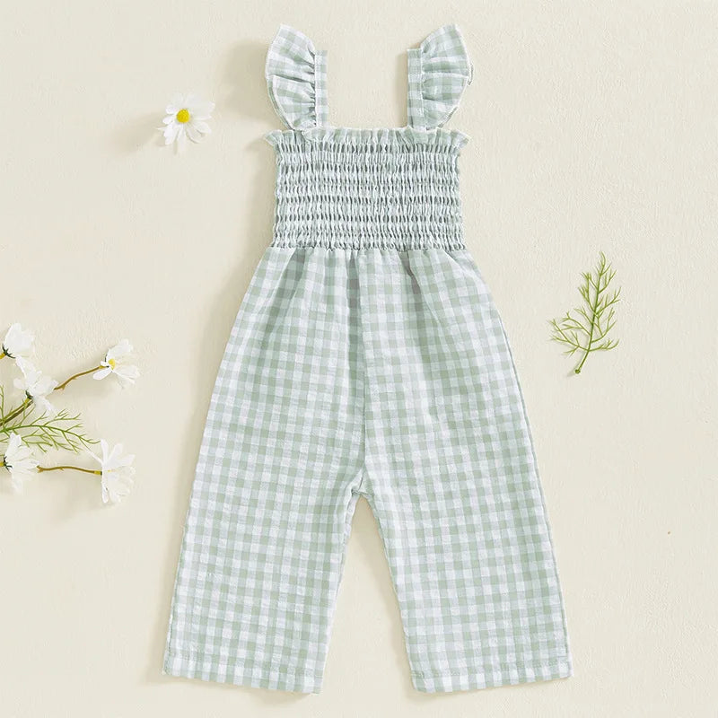2025 Baby Girl Clothes Girl Cotton Overalls Ruffle Sleeve Strappy Gingham Checkered Romper Casual Loose Pants Outfit 0-4Y