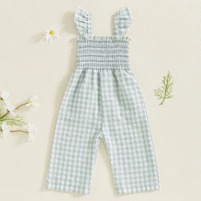 2025 Baby Girl Clothes Girl Cotton Overalls Ruffle Sleeve Strappy Gingham Checkered Romper Casual Loose Pants Outfit 0-4Y