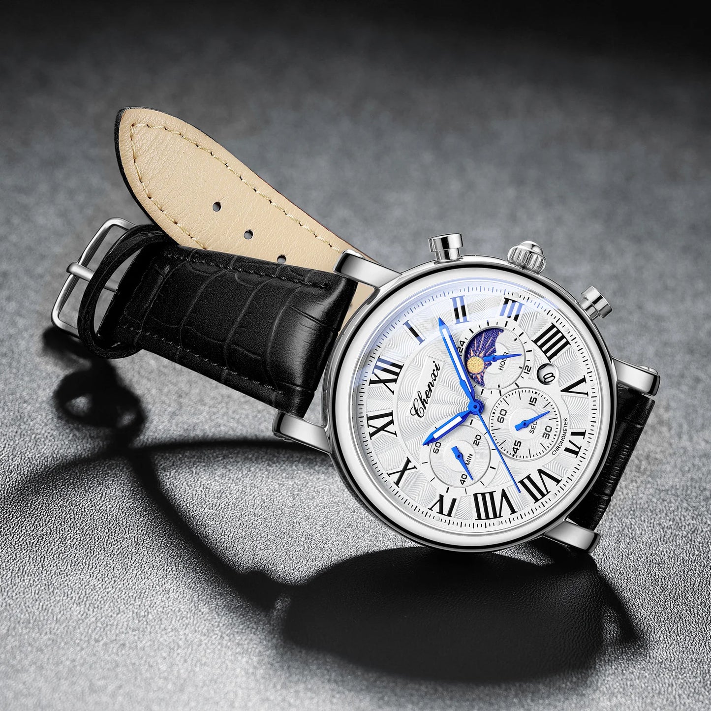 Watches For Men Leather Sweeping Second See-through Quartz Movement Waterproof Moon Phase Chronograph Wristwatch Men's Watch