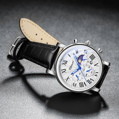 Watches For Men Leather Sweeping Second See-through Quartz Movement Waterproof Moon Phase Chronograph Wristwatch Men's Watch
