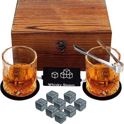 Father'S Day Gift For Men Whiskey Stones Set 8 Pcs Granite Ice Cubes+ 2 Pcs Cups For Whisky In Wooden Bottle Box Present For Dad