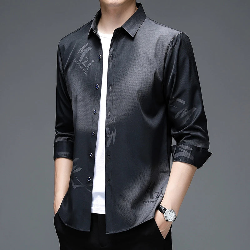 New Men's Casual and Fashionable Long Sleeved Shirt with Printed Anti Wrinkle Business Shirt