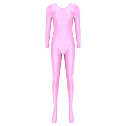 Women Oil Shiny Long Sleeve Pantyhose Jumpsuit Bodystocking Yoga Gymnastics Shapewear One-Piece Swimsuit Catsuit Glossy Bodysuit