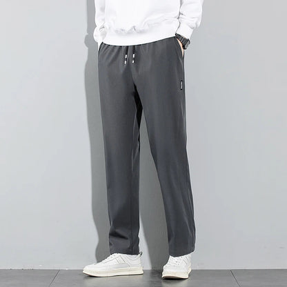 Ice Silk Men's Pants 2025 Summer New Black Gray Thin Business Casual Pants Outdoor Elastic Breathable Straight Leg Sweatpants