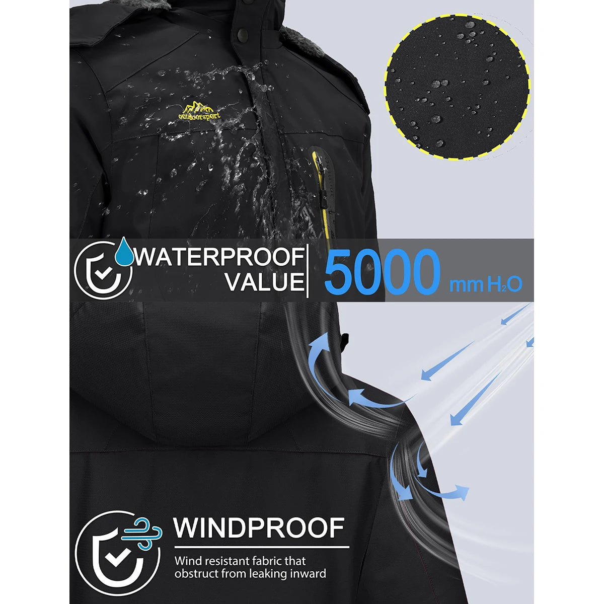 TACVASEN Men's Waterproof Ski Jacket Fleece Lining Warmth Parka Winter Snow Working Outdoors Hooded Coat Rain Shell Windbreaker