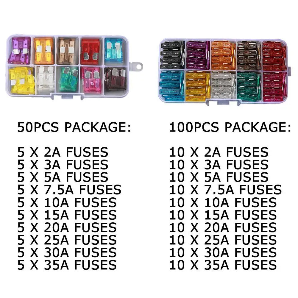 50/100pcs Automotive Fuses Fuses Automotive Fuses 2A/3A/5A/7.5A/10A/15A/20A/25A/30A/35A Amp Automotive Repair Tools