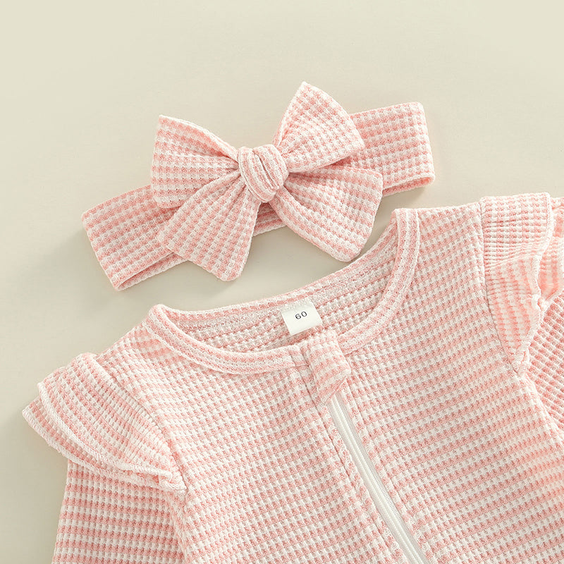 0-9M Newborn Baby Girl Clothes Ruffle Baby Sleeper Zipper Footie Knit Romper Playsuit Jumpsuit with Headband Outfit 2 Piece