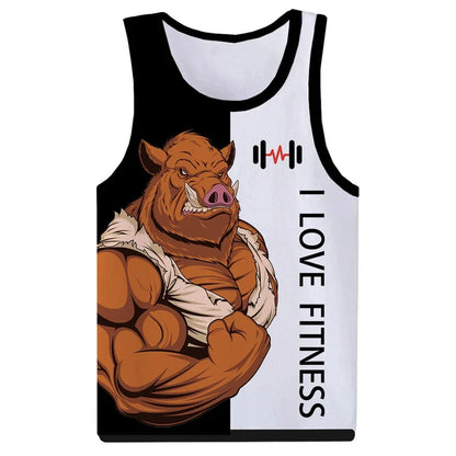 I Love Fitness Tank Tops Animal Letter 3D Print Men's Streetwear Hip Hop Oversized Gym Vest Harajuku Sleeveless Top Man Clothing