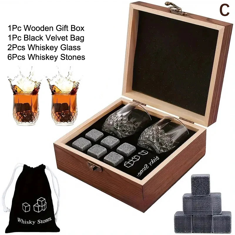 Father'S Day Gift For Men Whiskey Stones Set 8 Pcs Granite Ice Cubes+ 2 Pcs Cups For Whisky In Wooden Bottle Box Present For Dad