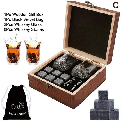 Father'S Day Gift For Men Whiskey Stones Set 8 Pcs Granite Ice Cubes+ 2 Pcs Cups For Whisky In Wooden Bottle Box Present For Dad