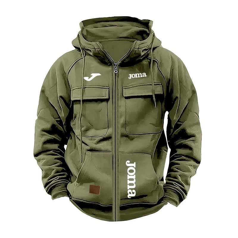 Joma Men's Loose Fleece-lined Hoodie Jacket with Multiple Pockets Retro American Style Spring Autumn Winter Casual Outerwear