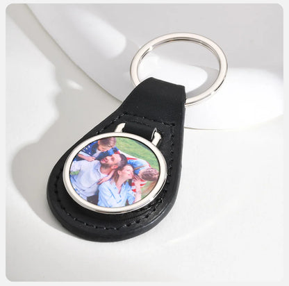 Vnox Custom Fathers Day Gift for Dad Grandpa, Black PU Leather Keychains with Custimized Photo Image Metal Plate Key Chain