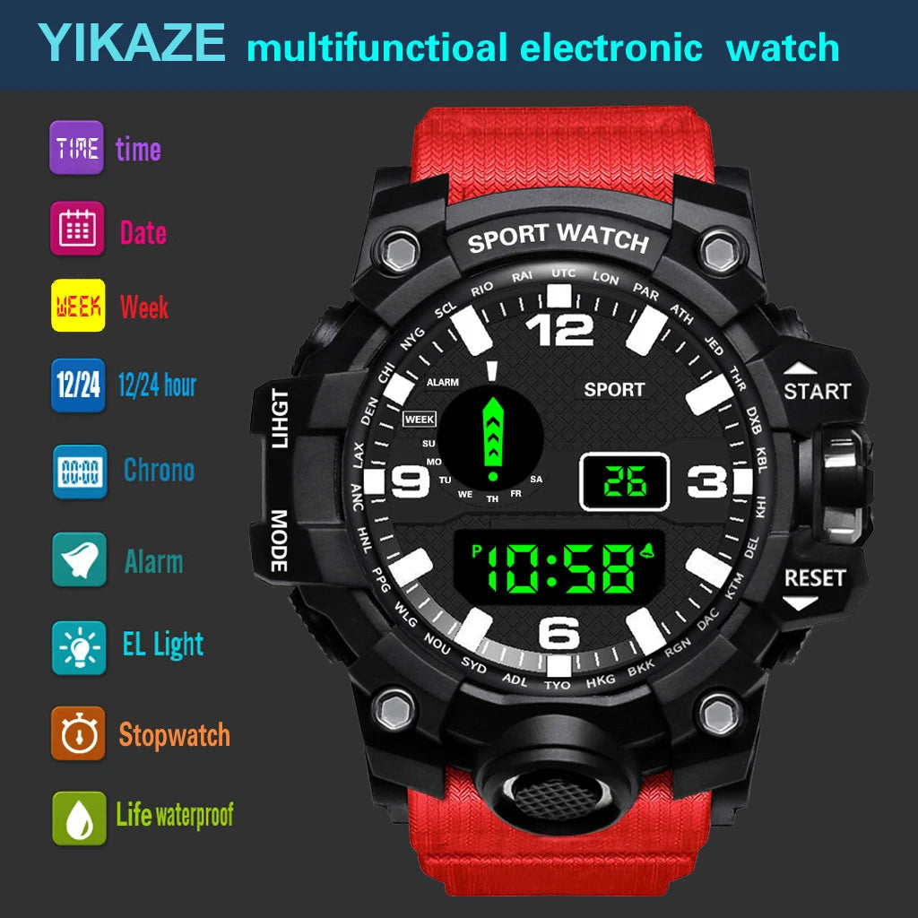 YIKAZE Sports Watch Men's LED Digital Watches Multifunction Military Clock Big Dial Waterproof Fitness Electronic Watch For Man
