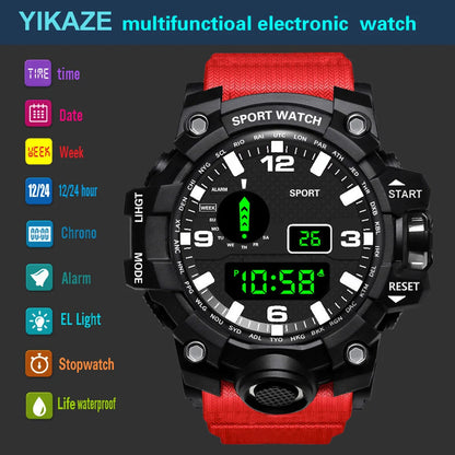 YIKAZE Sports Watch Men's LED Digital Watches Multifunction Military Clock Big Dial Waterproof Fitness Electronic Watch For Man