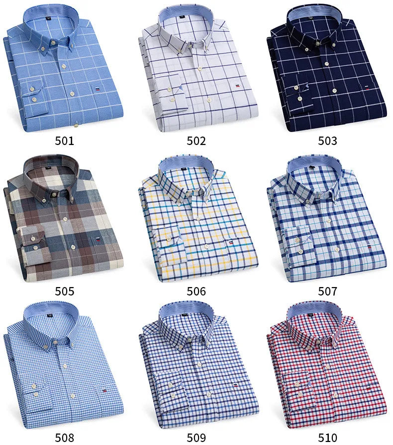 100% Pure Cotton Oxford Shirts for Men Long Sleeve Plaid Shirt Striped Male Business Checked Red Shirt Mans Designer Clothes 7XL