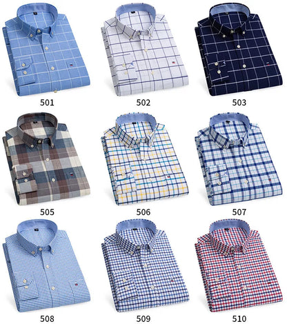 100% Pure Cotton Oxford Shirts for Men Long Sleeve Plaid Shirt Striped Male Business Checked Red Shirt Mans Designer Clothes 7XL
