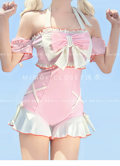 Japanese Lolita Girls Bow Cute Water Blue Swimsuit Hot Spring Bathing Swimwear Japanese Style Women One Peice Swimming Suit