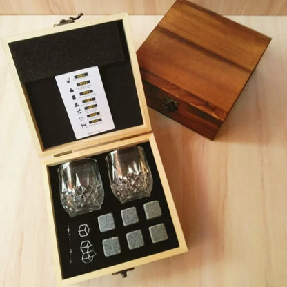 Father's Day Gift for Men Whiskey Stones Glasses Set Granite Ice Block for Whisky in Wooden Bottle Box Present for Dad Husband
