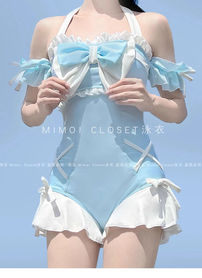 Japanese Lolita Girls Bow Cute Water Blue Swimsuit Hot Spring Bathing Swimwear Japanese Style Women One Peice Swimming Suit