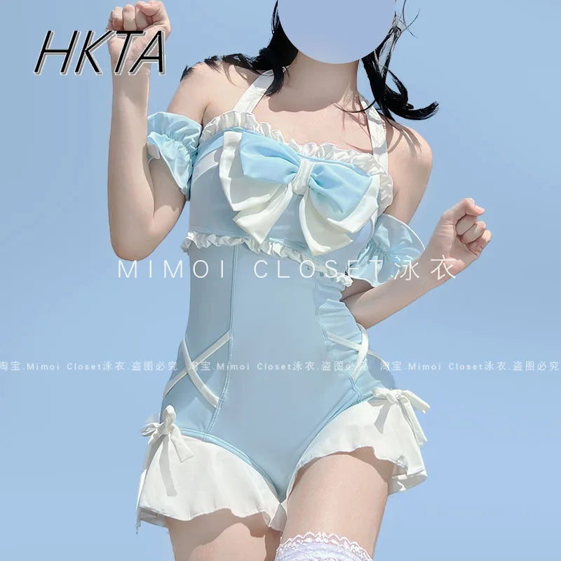 Japanese Lolita Girls Bow Cute Water Blue Swimsuit Hot Spring Bathing Swimwear Japanese Style Women One Peice Swimming Suit