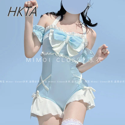 Japanese Lolita Girls Bow Cute Water Blue Swimsuit Hot Spring Bathing Swimwear Japanese Style Women One Peice Swimming Suit