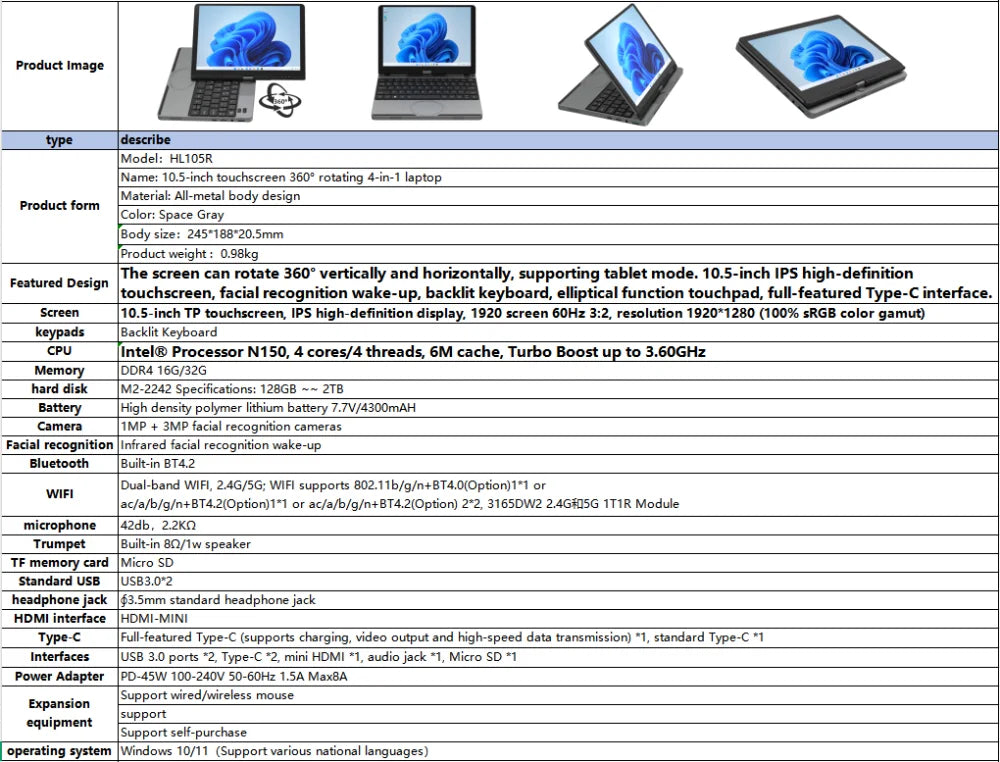Portable Mini Laptop 10.5inch Touch Screen Notebook N150 32GB+128GB-1TB IPS Small Notebook Portable PC Micro Computer windows 11