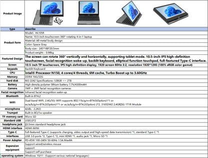 Portable Mini Laptop 10.5inch Touch Screen Notebook N150 32GB+128GB-1TB IPS Small Notebook Portable PC Micro Computer windows 11