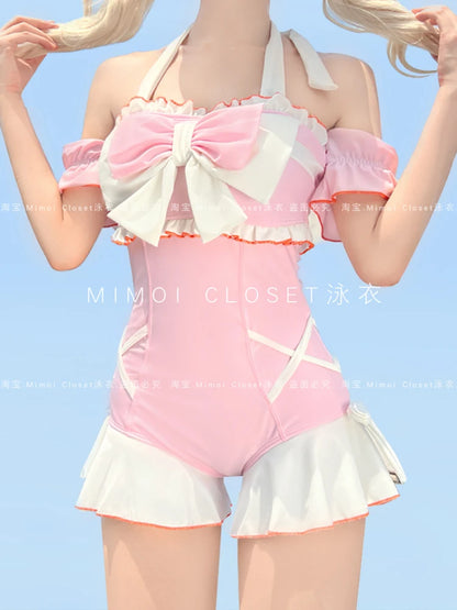 Japanese Lolita Girls Bow Cute Water Blue Swimsuit Hot Spring Bathing Swimwear Japanese Style Women One Peice Swimming Suit